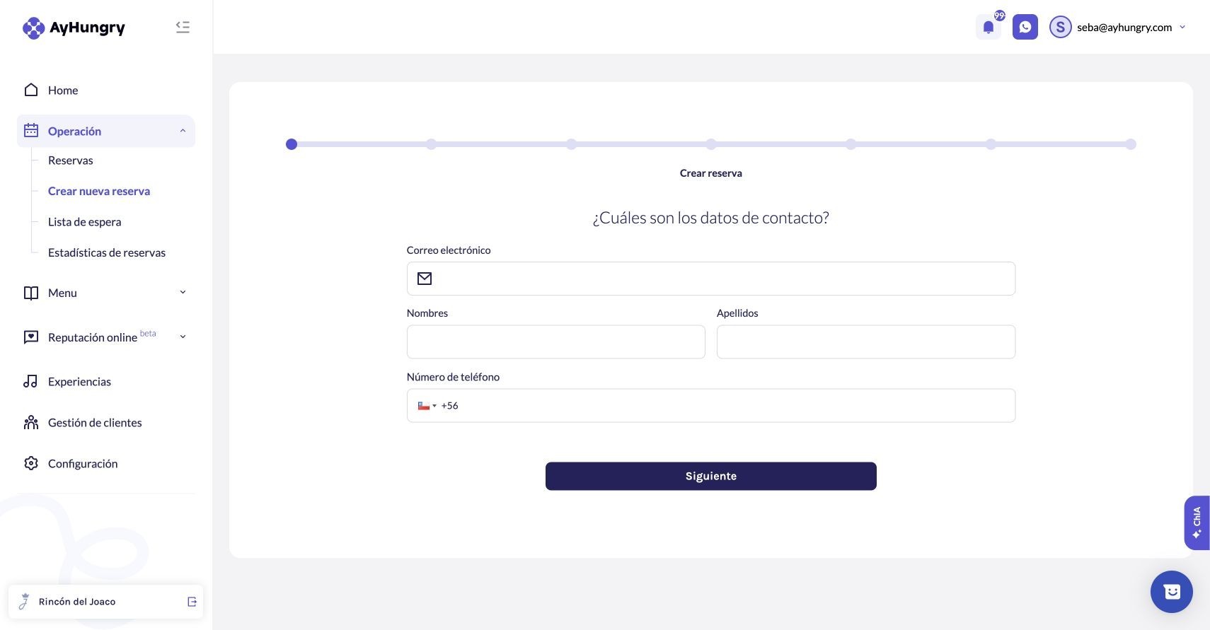 Inicio del recorrido de creación con datos de contacto del titular.
