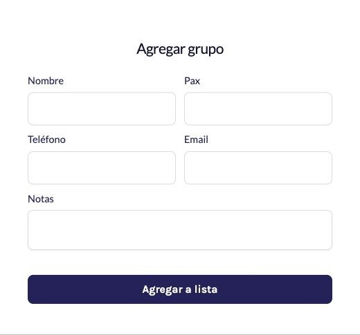 Formulario para registrar un grupo sin mostrar datos de otras personas.