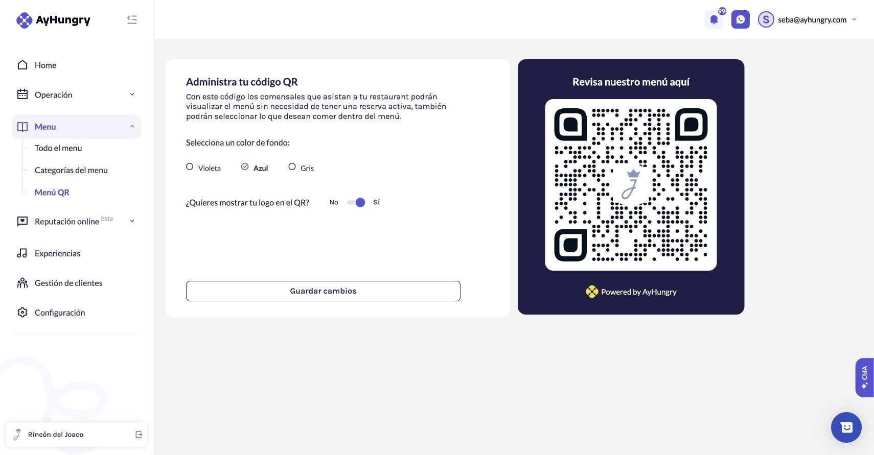 Configuración visual del QR y vista previa del código.