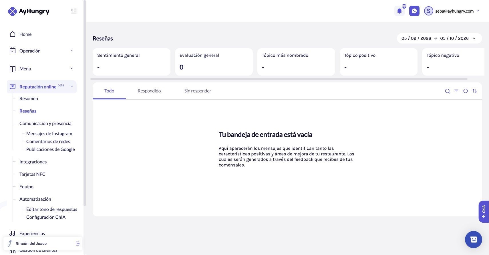 Bandeja de reseñas con filtros de respuesta y estado sin resultados.