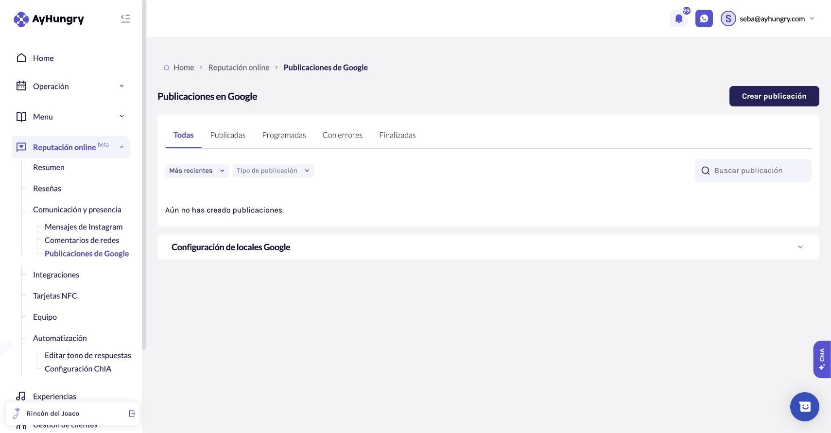Bandeja de publicaciones con filtros por estado, tipo y búsqueda.