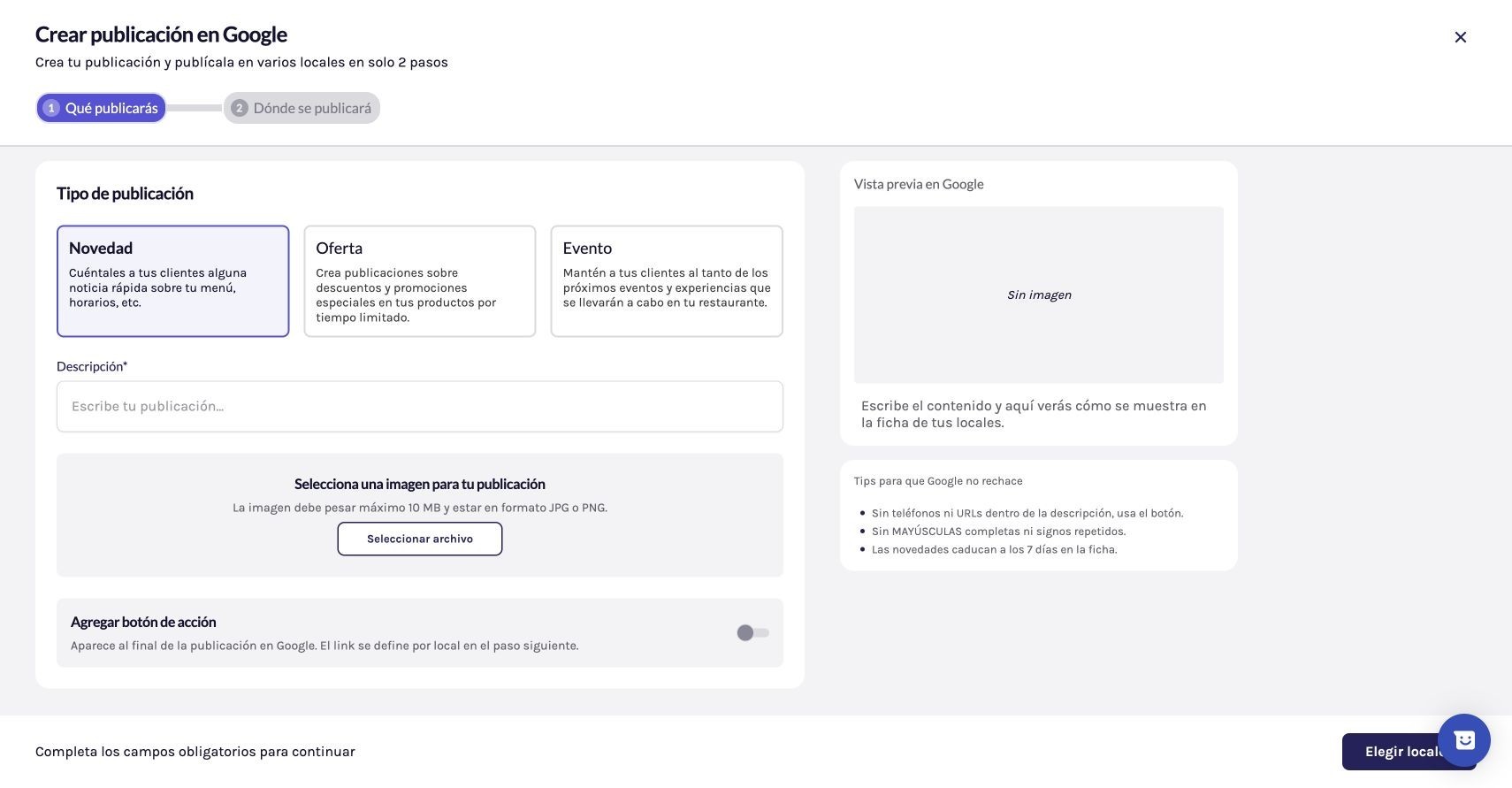 Formulario de contenido y paso posterior para seleccionar los locales de Google.