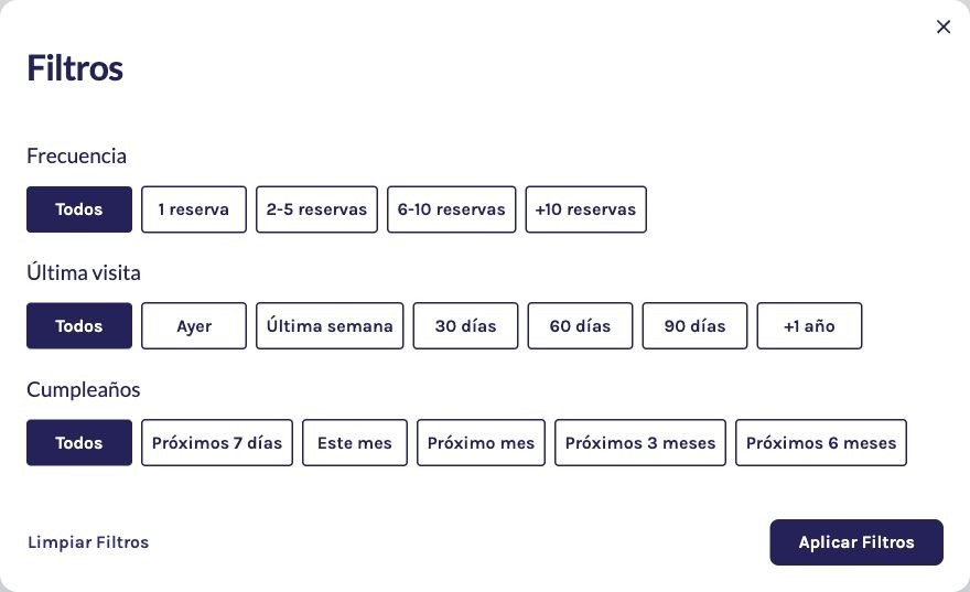 Filtros de frecuencia, última visita y cumpleaños, sin datos personales del listado.