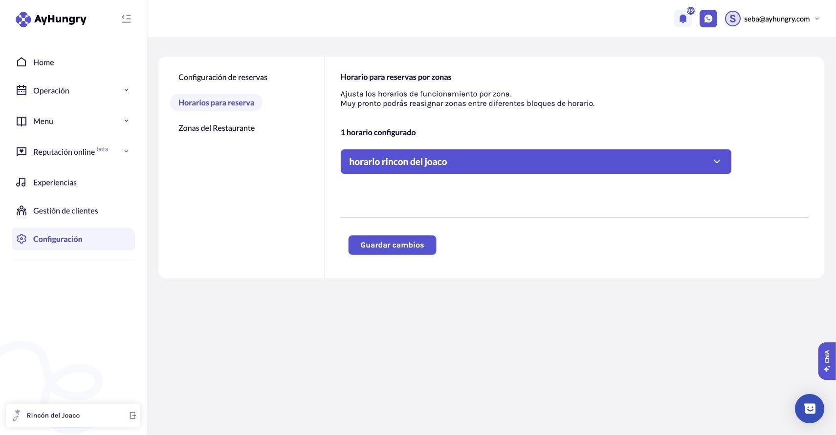 Acceso al horario configurado; despliega su nombre para revisar los días y tramos de atención.
