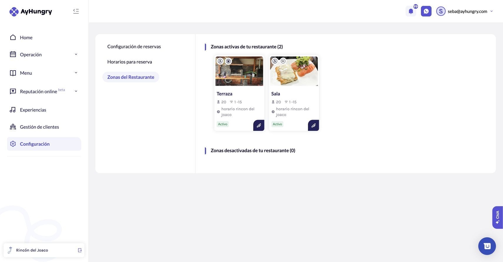 Listado de zonas con estado, capacidad y reglas del grupo.